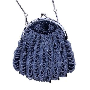 Retro Black Silver Beaded Evening Bag Clutch Purse Elegant Formal Party Handbag